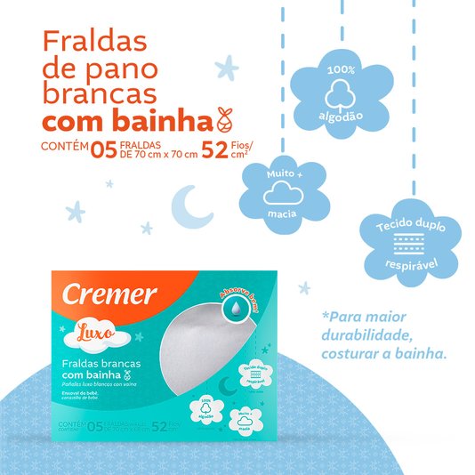 Fralda Luxo com Bainha CREMER 70cmX68cm 5 unidades