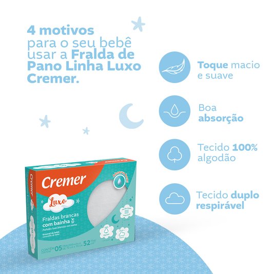 Fralda Luxo com Bainha CREMER 70cmX68cm 5 unidades
