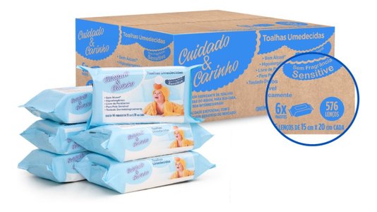 Kit com 24 Pacotes de Lenço Umedecido Sensitive Cuidado & Carinho com 96 Unidades