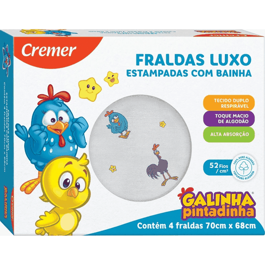 Kit com 8 Caixas de Fralda Luxo com Bainha Galinha Pintadinha com 4 Unidades 70X68cm