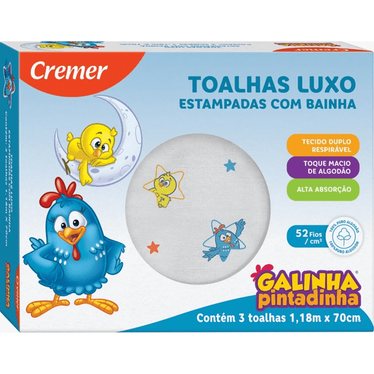 Toalhas Luxo Estampadas com Bainha Galinha Pintadinha com 3 Unidades